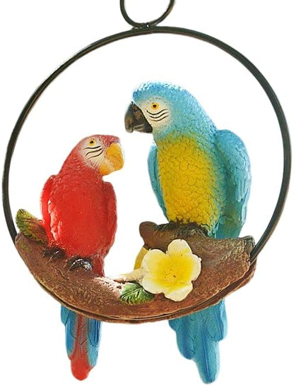 Mini Garden Statues Hanging Iron Ring Parrots, Resin Parrot Hanging Statue, Hanging Birds Figurine for Pathways Yard Patio Office Home Indoor Outdoor Tree Decorations (B-1)