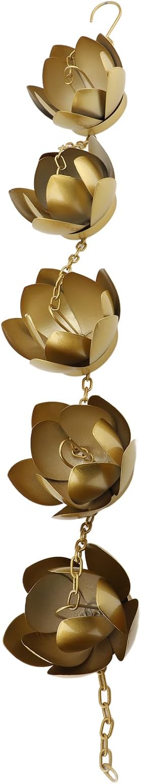 Zerodis Rain Chains Plated Rain Chain Cups Gold Flower Galvanized Iron Proof Rain Catcher Chain for Home Outdoor Decoration Chains Decorative Iron Gutter Chain Copper