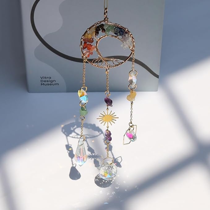 Crystal Sun Catcher, 7 Chakra Tree of Life Crystal Suncatcher Hanging for Indoor Window, Dream Catchers for Car, Spiritual, Rainbow Maker, Garden Home Decor