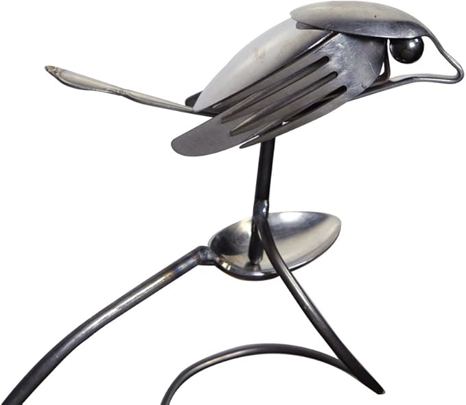 American Made Flatware Finch Balancing Garden Stake and Upcycled Utensil Sculpture