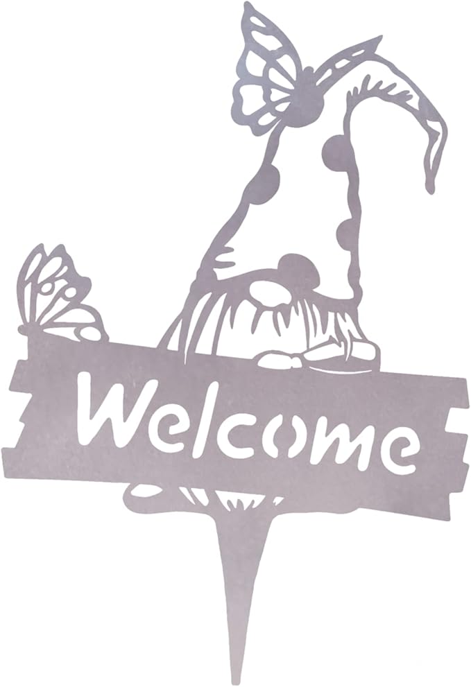 SteelFreak Gnome with Butterfly & Sign Metal Yard Stake Art (18 Inch, Unfinished) - Made in USA