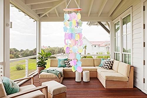 Capiz Shell Wind Chimes, Handmade Memorial Wind Chime with Melodious Sound, Sturdy Wood Top, Multicolor
