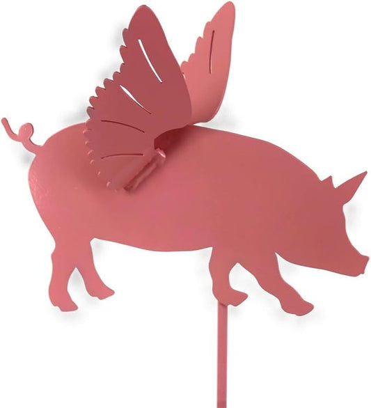 Pets and Farm Animals Metal Garden Landscape Stake (9" Wide Flying Pig on Stake, Pink)