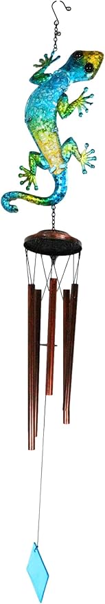 Ebros Gift Green Yellow Blue Camouflage Gecko Lizard Whimsical Copper Metal Wind Chime 40" Long Resonant Noisemaker Outdoor Patio Garden Hanging Mobile Cottage Cozy Nook Decor Accessory
