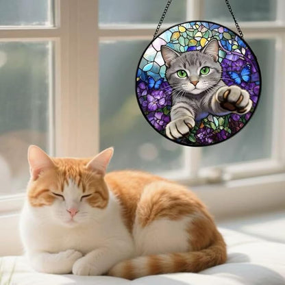 Stained Glass Window Hanging Cat Suncatcher with Butterfly Design, Round Window Hanging Decor, Colorful Sun Catcher for Home, Garden & Gifts for Cat Lovers