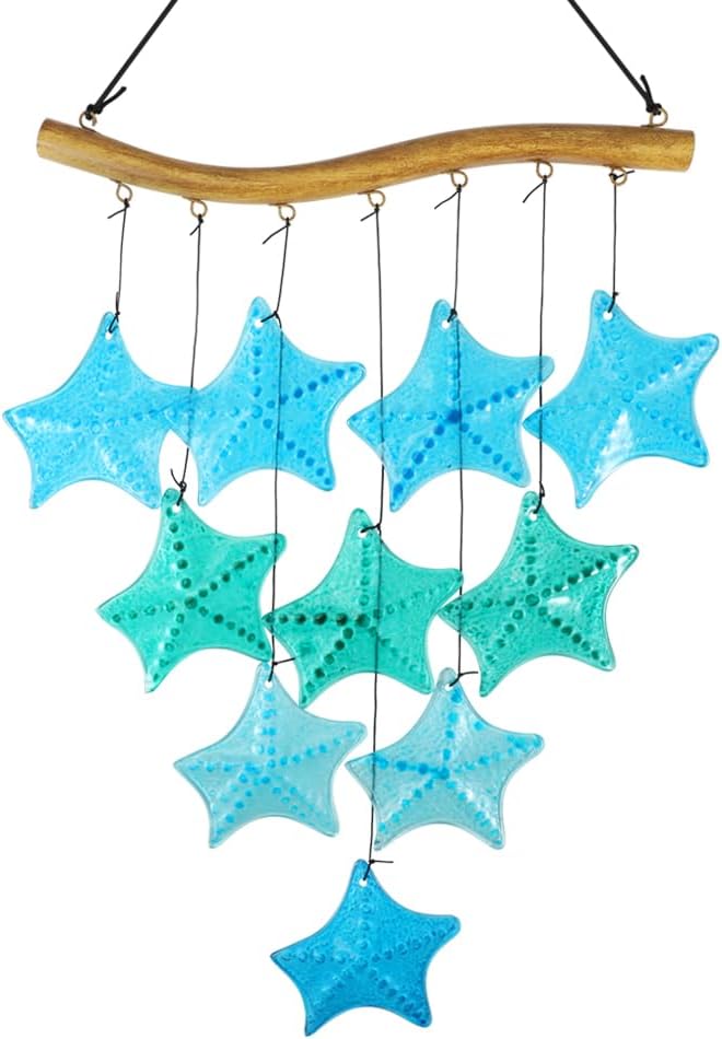 Vindar 28" Blue Starfish Glass Wind Chimes, Outdoor & Indoor Decor, Memorial Gift, Weather Resistant