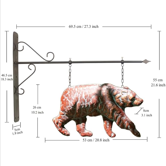 Bear Statue Outdoor Haning Decor for Yard and Garden,27“L x 22”H Vintage Grizzly Garden Statues and Sculptures with Arrow & Bracket,Antique Copper Walking Bear Metal Yard Art for Outside Porch