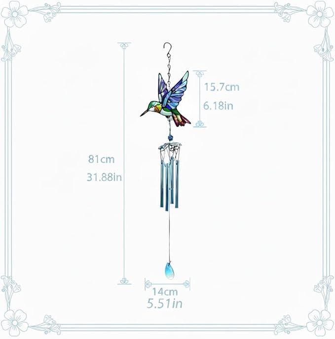 Wind Chimes for Outside, Blue Stained Glass Hummingbird Wind Chime, Deep Tone Memorial Gifts for Women Mom Grandma, Durable Metal Garden Patio Yard Window Decoration