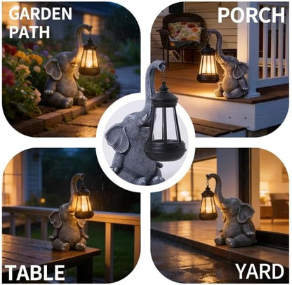 Solar Elephant Statue Outdoor Garden Decor - 10" Resin Elephant Figurine with Hanging Solar Lantern, Waterproof Patio Yard Art, Lucky Elephant Gifts for Women Mom Housewarming