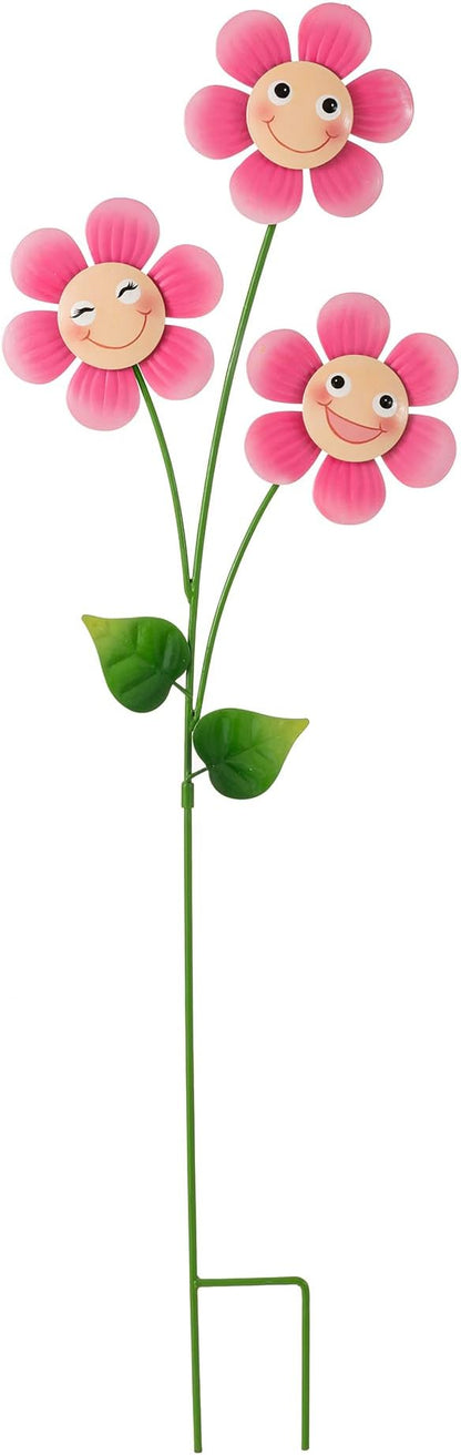 Glitzhome Happy Face Flower Yard Stake, 36”H Metal Flower Stakes with Triple Smiling Design, Iron Garden Yard Spring Decor or Wall Decor