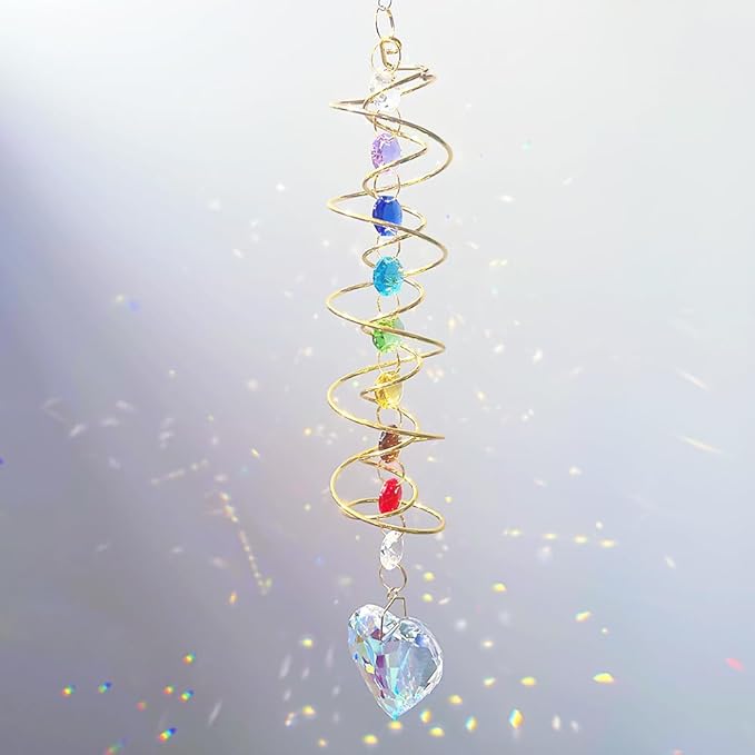 Big Heart Crystal Sun Catchers for Windows Hanging, Double-Spiral Design Gazing Ball Spiral Tail, Rainbow Maker Prism, Sun Catchers Indoor Window for Kitchen, Patio, Porch, Garden(AB-Golden)