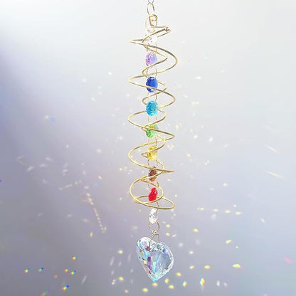 Big Heart Crystal Sun Catchers for Windows Hanging, Double-Spiral Design Gazing Ball Spiral Tail, Rainbow Maker Prism, Sun Catchers Indoor Window for Kitchen, Patio, Porch, Garden(AB-Golden)