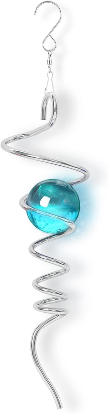 Gazing Ball Spiral Tail Spinfinity Wind Spinner, 13 Inch Stainless Steel with 360° Swivel Hook Hanging, Blue Crystal Glass Orb Captivating Visual Illusion Spinning for Garden Yard Patio Decor Gift