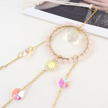 Crystal Sun Catcher, Natural Rose Quartz Crystal Suncatcher Hanging for Indoor Window, Dream Catchers for Car, Spiritual, Rainbow Maker