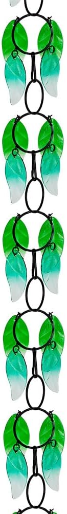 dreamysoul Rain Chains for Outside, 7.87FT Adjustable Green Glass Leaf Rain Chain, Rain Catcher Chains for Gutters Downspout, Eaves, Drainage