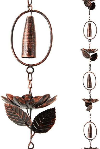 Glitzhome 8.5 FT Lotus Flower and Bell Rain Chains, Faux Copper Patina Finish Rain Chains for Gutters, Adjustable Rain Catcher Chain with V-Shaped Gutter