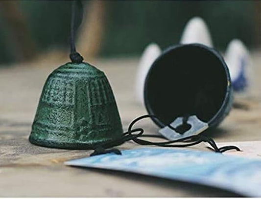 Japanese Bless Small Wind Chimes Outdoor, Iwachu Cast Iron Lucky Temple Wind Bell Memorial and Sympathy Wind Chimes for Outside or Indoor for Good Luck Garden, Patio, Balcony(Green Temple Bell)