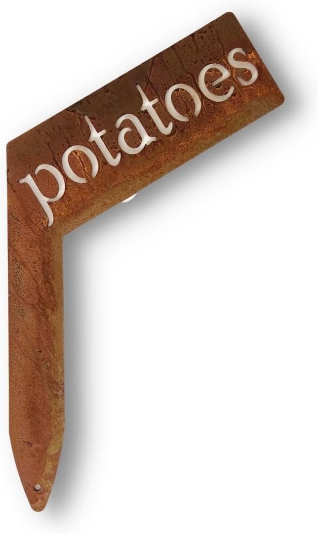 Planter Size Small Metal Garden Plant Vegetable Flower or Herb Markers 13.5 Inches Tall (potatoes, Naturally Rusted)