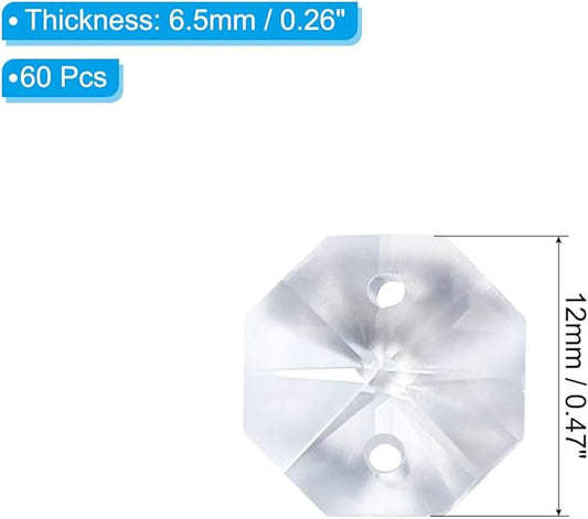 PATIKIL K9 Crystal Octagon Beads 2 Holes Pendants, 60 Pack 12mm Chandelier Prisms Parts Ornaments Hanging Beads for DIY Arts Crafts Decoration, Clear