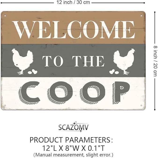 Welcome To The Coop Tin Sign Chicken Coop Farmhouse Funny Metal Signs Wall Art Accessories Country Decor for Home Farm Kitchen Yard Garden Outdoor (12" x 8")