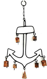 Nautical Anchor Wind Chime with 7 Rustic Copper Cow Bells, Black Metal Frame, Vintage Maritime Outdoor Decor, 17" x 10"