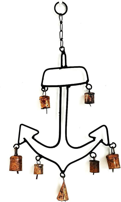 Nautical Anchor Wind Chime with 7 Rustic Copper Cow Bells, Black Metal Frame, Vintage Maritime Outdoor Decor, 17" x 10"