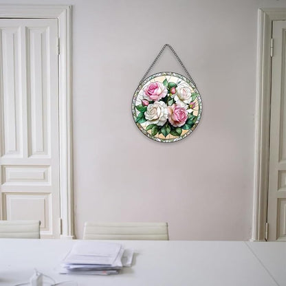 Handmade Rose Stained Glass Sun Catcher - Elegant Floral Window Hanging Ornament, Suncatcher for Home & Garden Decor, for Valentine's Day, Weddings & Mother's Day (Pink, 7.8 * 7.8IN)