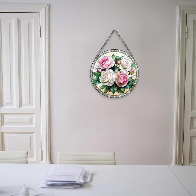 Handmade Rose Stained Glass Sun Catcher - Elegant Floral Window Hanging Ornament, Suncatcher for Home & Garden Decor, for Valentine's Day, Weddings & Mother's Day (Pink, 11.8 * 11.8IN)