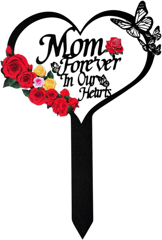 Memorial Grave Stake, Mom Forever in Our Hearts Grave Marker, Heart Grave Decorations for Cemetery, Metal Cemetery Decorations for Grave, Yard, Garden, Remembrance Grave Plaque for Mom