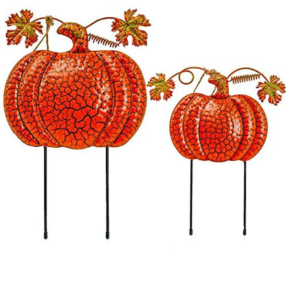 Garden Stakes Thanksgiving Fall Harvest Halloween Outdoor Metal Decor Orange Pumpkins 143&122 (Set of 2) 14.5"&11.5"