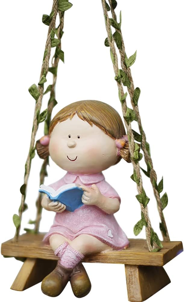 WAYUTO Swing Garden Statue Ornament Cute Resin Girl Figure Hanging Hammock Outdoor Funny Garden Decor for Patio Yard Lawn Fence Pathway Backyard Landscape Tree
