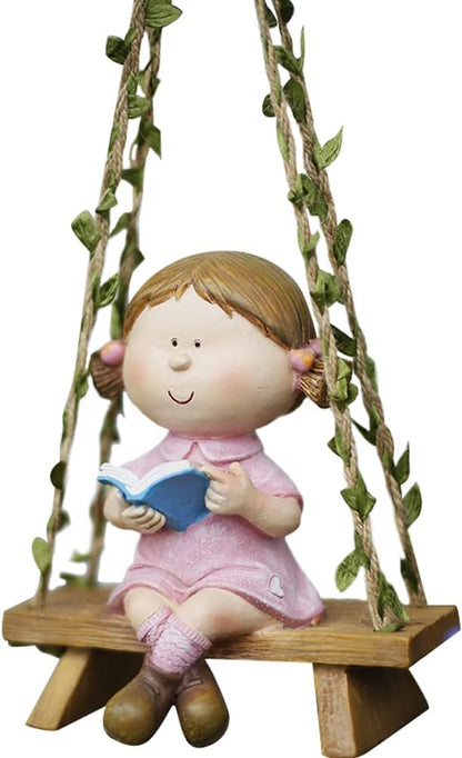 WAYUTO Swing Garden Statue Ornament Cute Resin Girl Figure Hanging Hammock Outdoor Funny Garden Decor for Patio Yard Lawn Fence Pathway Backyard Landscape Tree
