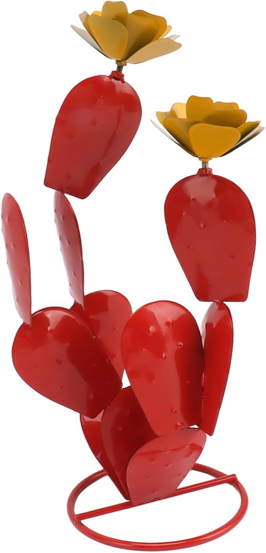Topyond Metal Cactus Yard Art, Prickly Pear Cactus with Flowers, Outdoor Rustic Iron Sculpture, Vibrant Red Accent, Outdoor Decor for Garden, Lawn, Patio
