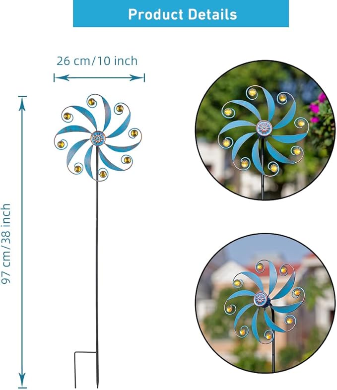 Stargarden 2Pack Wind Spinner, Metal Outdoor Wind Sculptures & Spinners, Small Garden Pinwheels for Yard and Garden Decor(Blue)