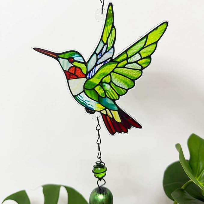 Wind Chimes for Outside, Green Stained Glass Hummingbird Wind Chime, Deep Tone Memorial Gifts for Women Mom Grandma, Durable Metal Garden Patio Yard Window Decoration