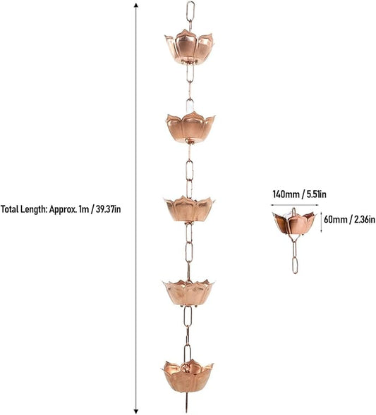 Aramox Copper Rain Chain with Flower Design, 1m/39.37in Length, Decorative Gutter Downspout Replacement for Garden