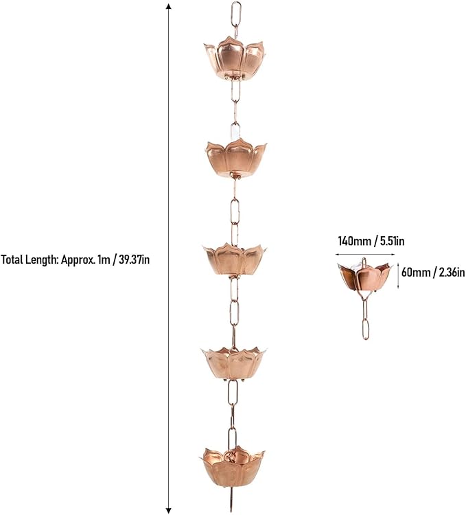 LICAEVEY Rain Chain, Handcrafted Copper Decorative Rain Catcher for Gutters Downspout Replacement, with 5 Flower Shaped Cups for Garden Terrace Decor
