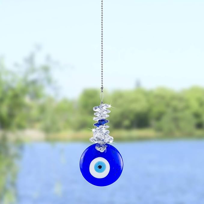 4.5inch Blue Glass Evil Eye Talisman with Crystal Beads - Good Luck Charm, Home, Office, Car Decoration, Blessing Ornament for Christmas Tree, Reflects Negative Energy