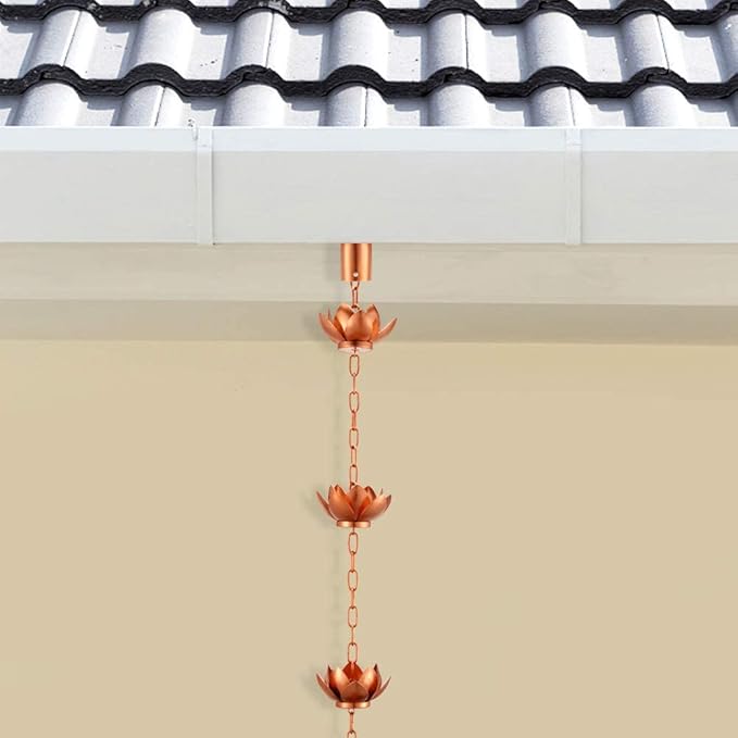 Oak Leaf Rain Chain with Adapter, 8.5ft Adjustable Lotus Rain Catcher Chain for Gutters Outside Downspout, for Divert Water and Home Display, Copper Powder Coated