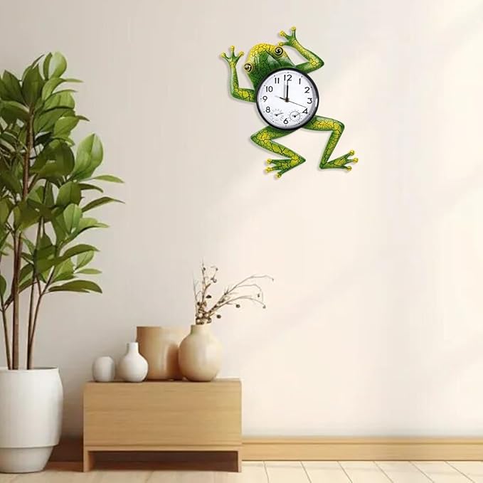 Frog Outdoor Clock with Thermometer & Humidity, Outdoor Wall Clock Silent Non-Ticking Outside Clocks for Patio, Garden, Home Decor
