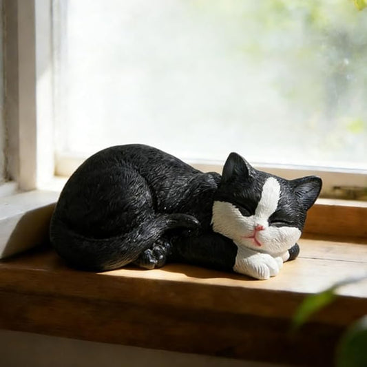 Garden Outdoor Decor Cats Statue, Sleeping Cat Figurines Garden Statues & Sculpture Decor for Patio, Porch and Lawn, Cat Memorial Stone Gifts for Lover and Womens Black