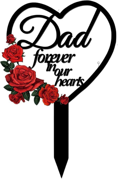 AIM & GGKK Memorial Stake for Dad - Metal Heart Grave Marker with Red Roses, Memorial Plaque Cemetery Decor for Grave, Garden, Gravesite