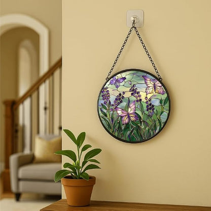 Purple Berries and Butterflies Stained Glass Window Hanging Panel – 9.8in Floral Nature Suncatcher Wall Art for Home Window Decor and Gift