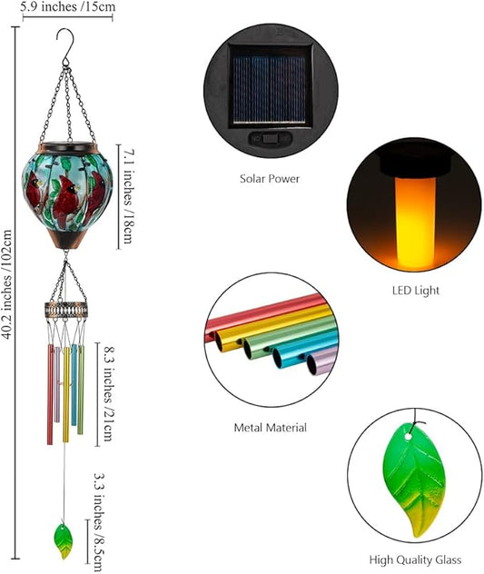 Starsoul Solar Wind Chimes for Outside, Cardinal Hot Air Balloon with Flickering Flame Solar Wind Chime, Glass Windchimes Outdoors Garden Decor, Gift for Mother's Day Mom Grandma
