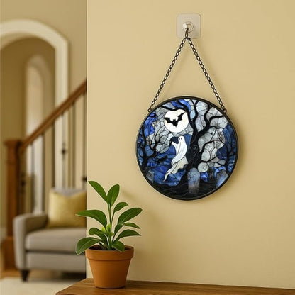Stained Glass Window Hanging - 11.8in Spirits, Cat and Full Moon Graveyard Scene Sun Catchers Panel for Indoor Decorative Display for Mom, Wife, Lovers, Festive