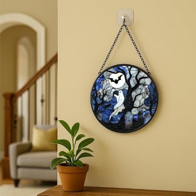 Stained Glass Window Hanging - 6.3in Spirits, Cat and Full Moon Graveyard Scene Sun Catchers Panel for Indoor Decorative Display for Mom, Wife, Lovers, Festive