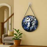 Stained Glass Window Hanging - 6.3in Spirits, Cat and Full Moon Graveyard Scene Sun Catchers Panel for Indoor Decorative Display for Mom, Wife, Lovers, Festive