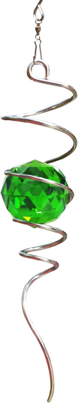 Fonmy Gazing Ball Spiral Tail -Decorative Wind Spinner Sun Catcher Rainbow Maker 11 inch Tail and 2 inch Green Crystal Orb. Indoor Outdoor Garden Decoration -13 inch Height
