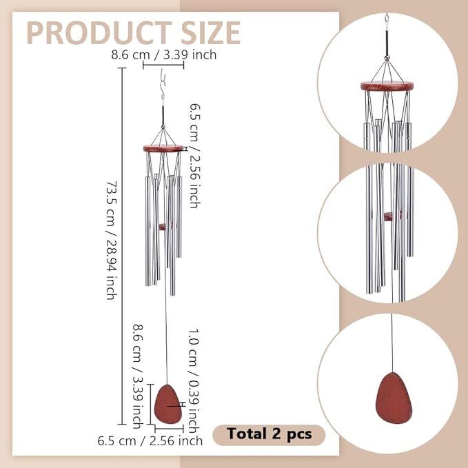 2 Packs Wind Chimes, 29 Inch Long Deep Tone Wind Chimes for Outside Garden Hanging Windchimes for Patio Balcony Hanging Decor, Sandy Brown