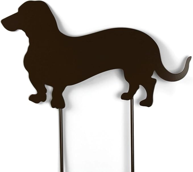 Pets and Farm Animals Metal Garden Landscape Stake (15" Wide Wiener Dog on Two Short Stakes, Gloss Brown)